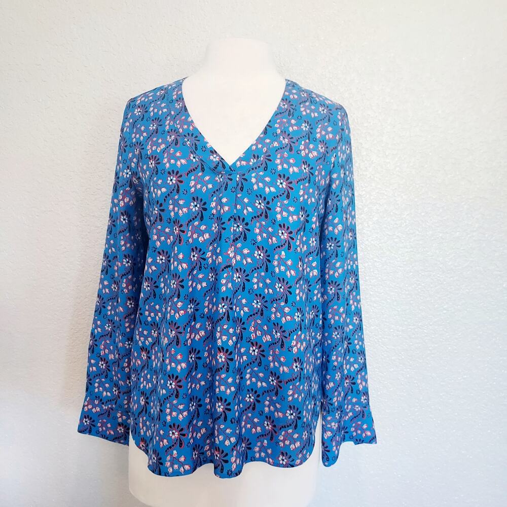 J. Crew Blue Floral Print Long Sleeve Blouse Size S